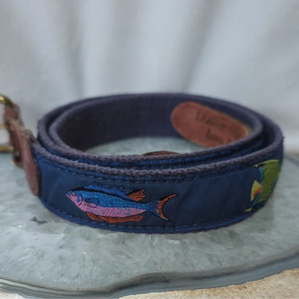 Vintage Mens Leather Man Ltd ribbon belt. Made in USA. Blue fish motif/Size 42